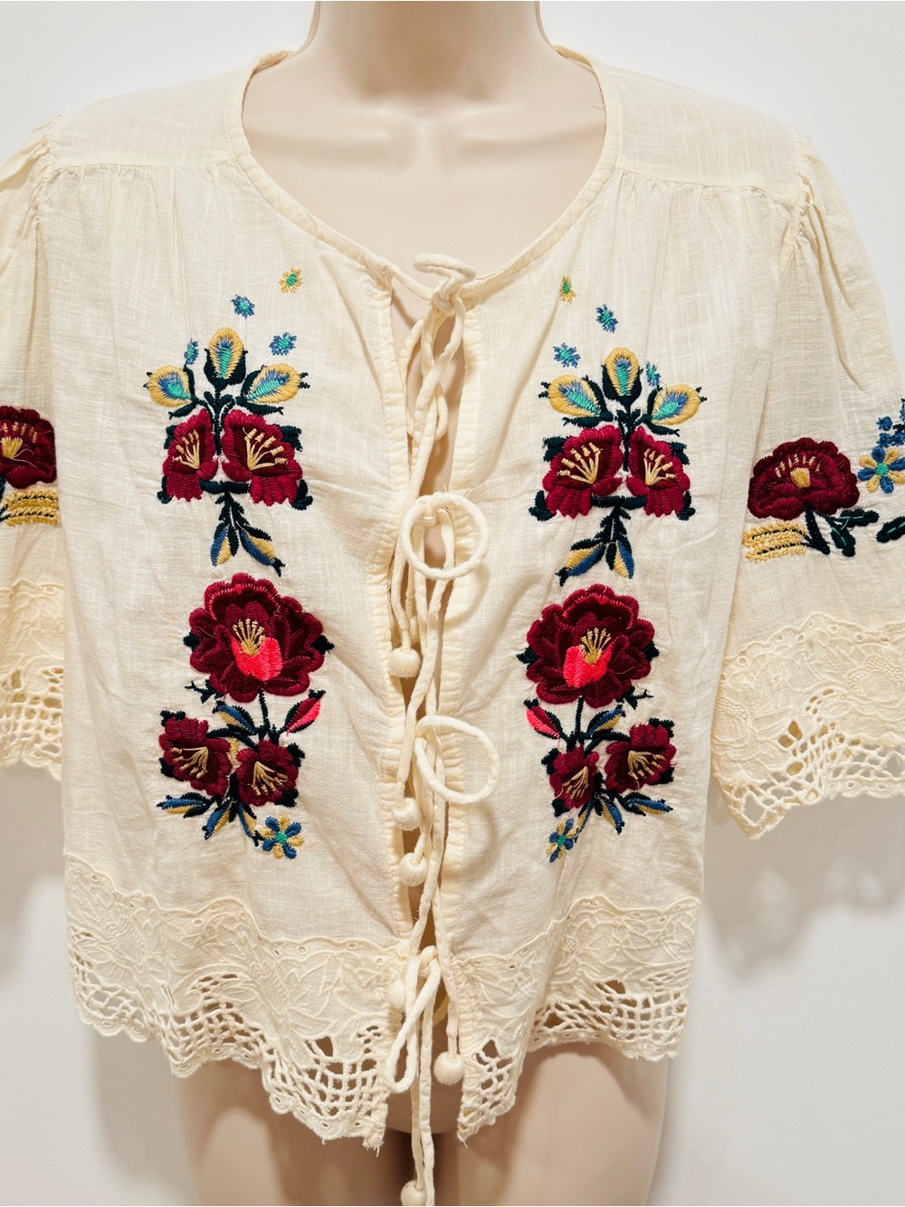 Jennifer & Grace Cream Embroidered Tie-Front Blouse - Picture 2 of 11